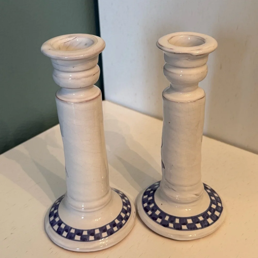 Vintage Blue & White Handpainted Pottery Candlesticks (Set of 2) Cat Checkers